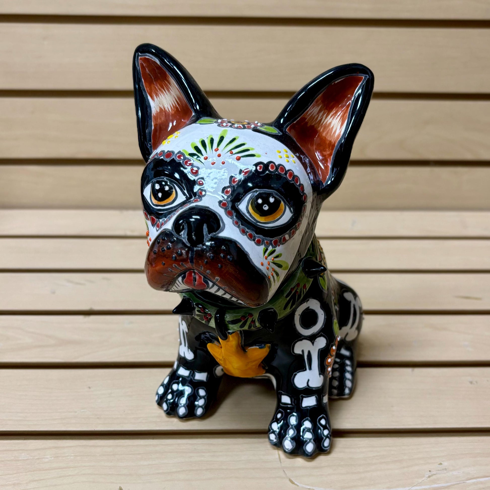 Hand Painted Day of the Dead French Bulldog Dog Sculpture, Authentic Mexican Ceramic Hand Crafted Talavera