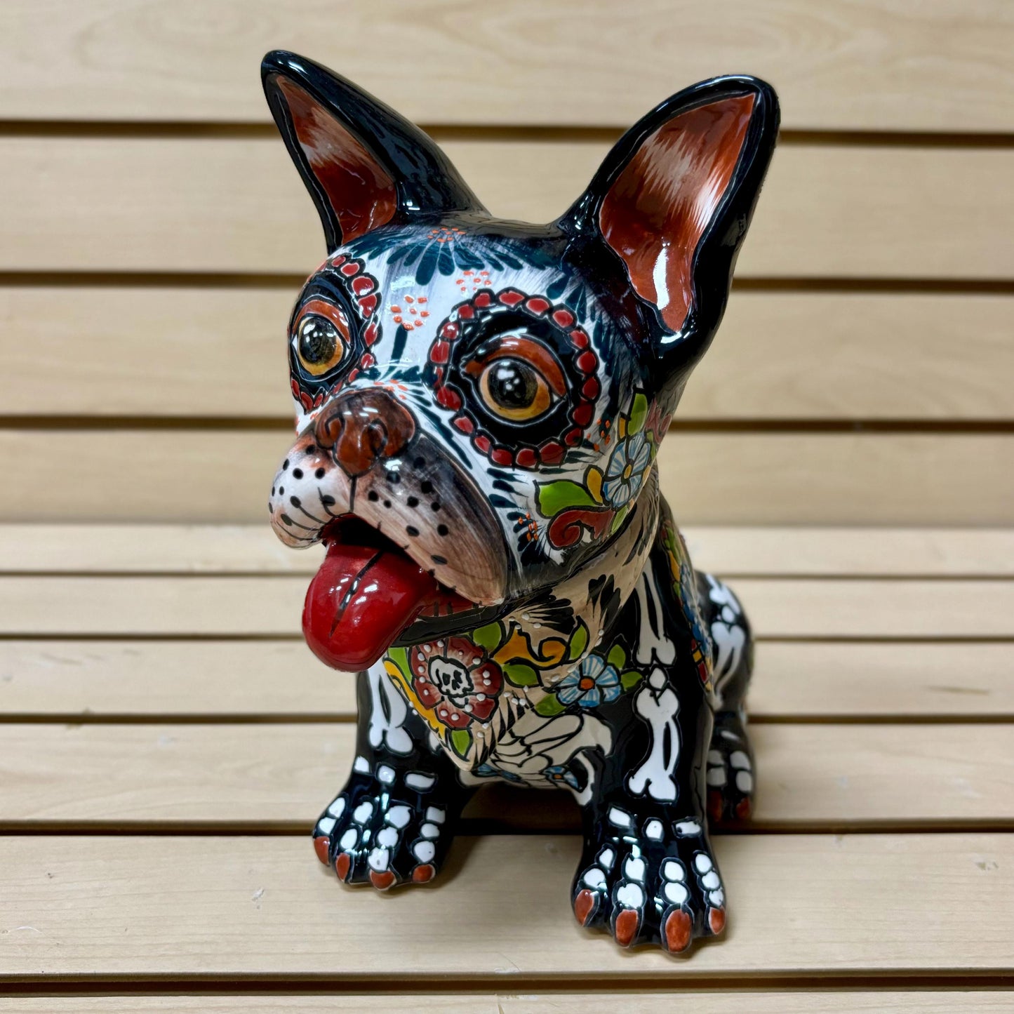 Hand Painted Day of the Dead French Bulldog Dog Sculpture, Authentic Mexican Ceramic Hand Crafted Talavera