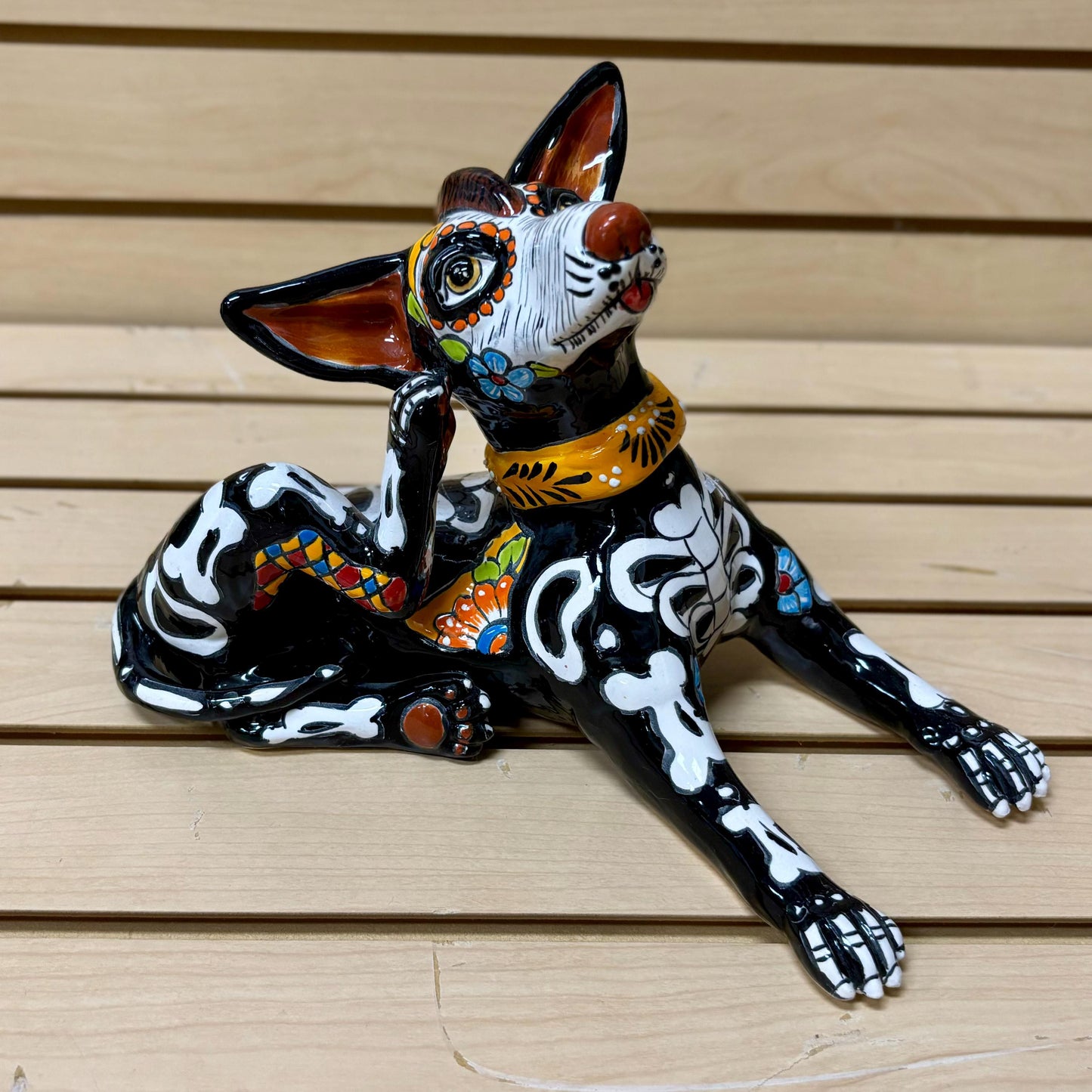 Hand Painted Scratching Dog Sculpture, Authentic Ceramic Hand Crafted Mexican Talavera