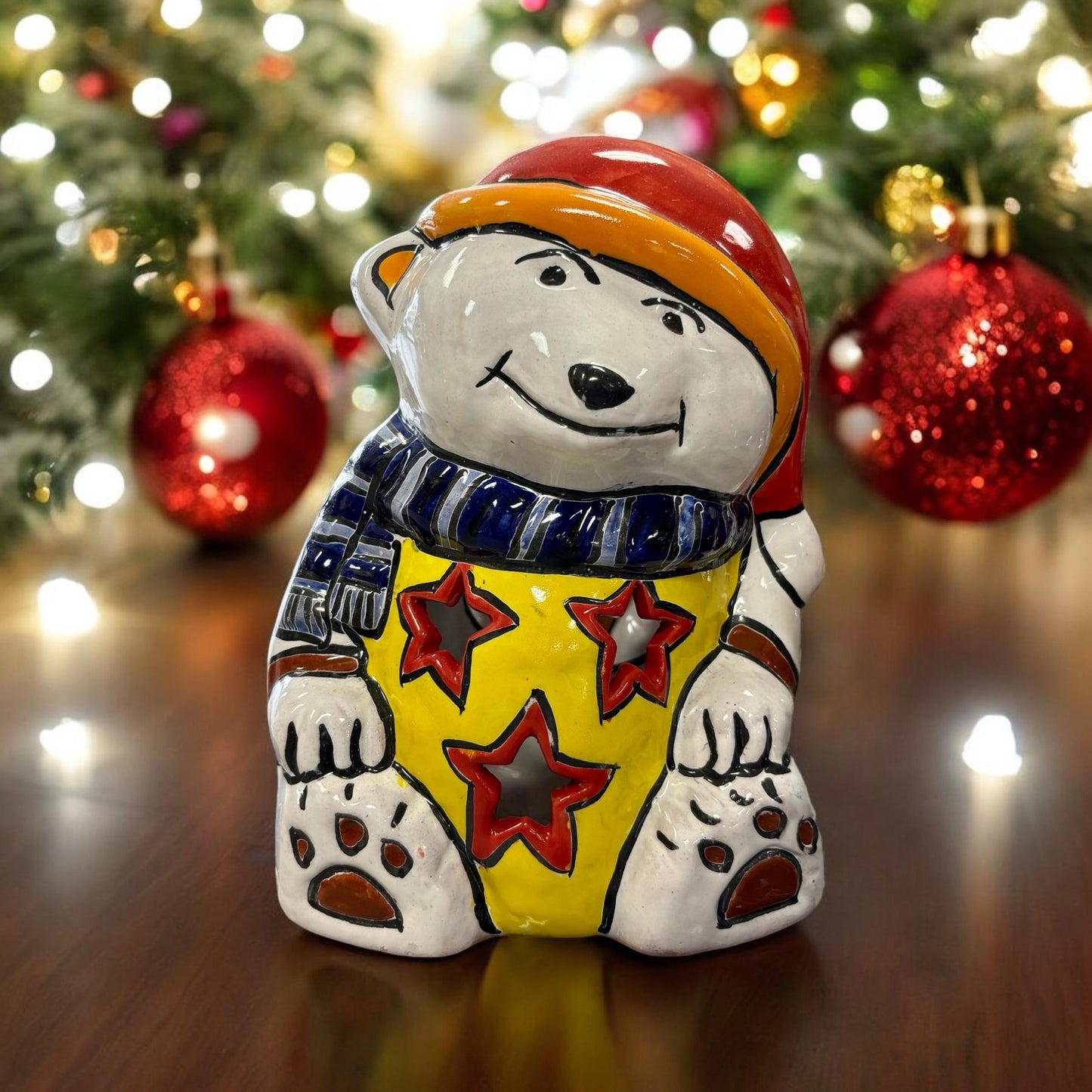 Hand Painted Hollow Polar Bear Holiday Statue For Tea Candle, Authentic Mexican Ceramic Hand Crafted Talavera