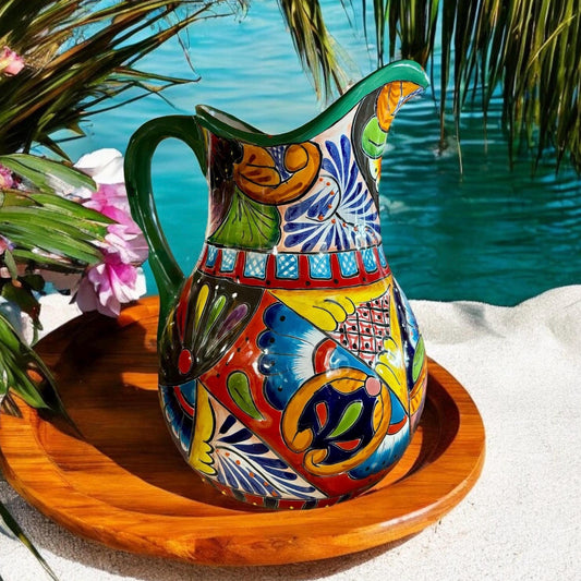 Colorful Hand Painted Water Pitcher, Authentic Ceramic Hand Crafted Mexican Talavera