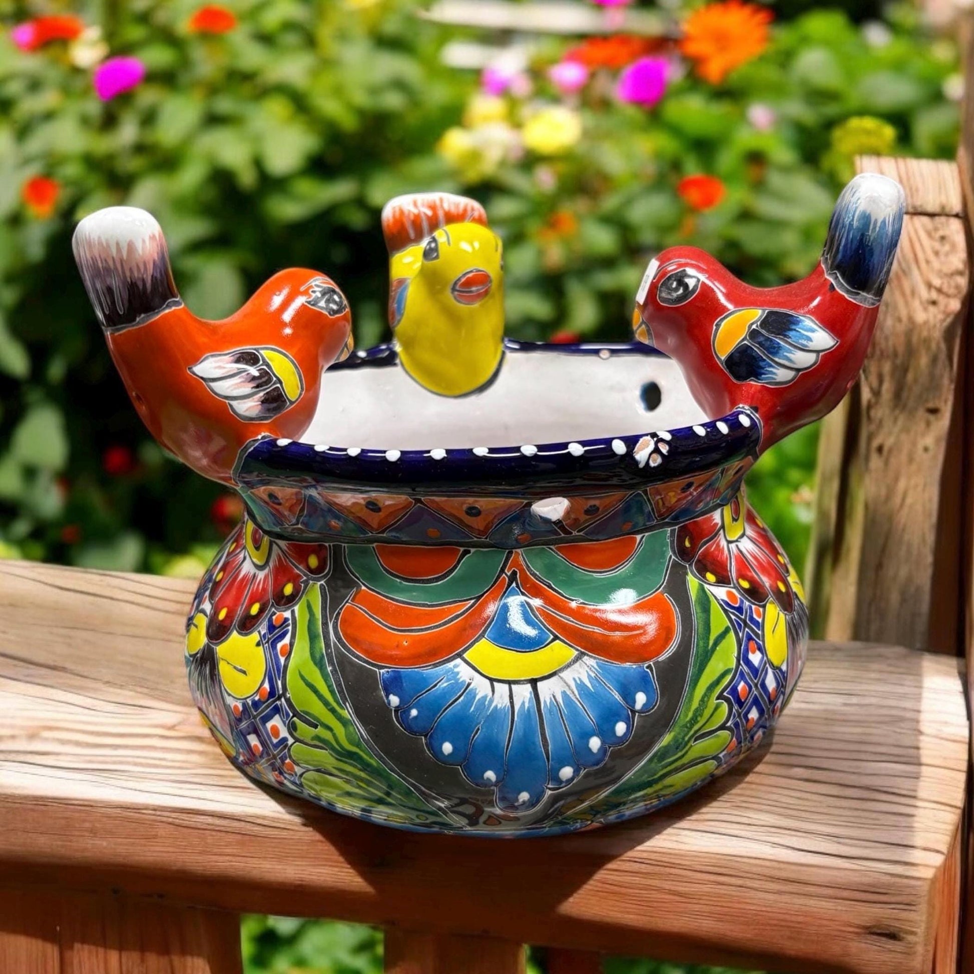 Hand Painted Bird Talavera Planter Pot, Authentic Mexican Ceramic Hand Crafted Talavera