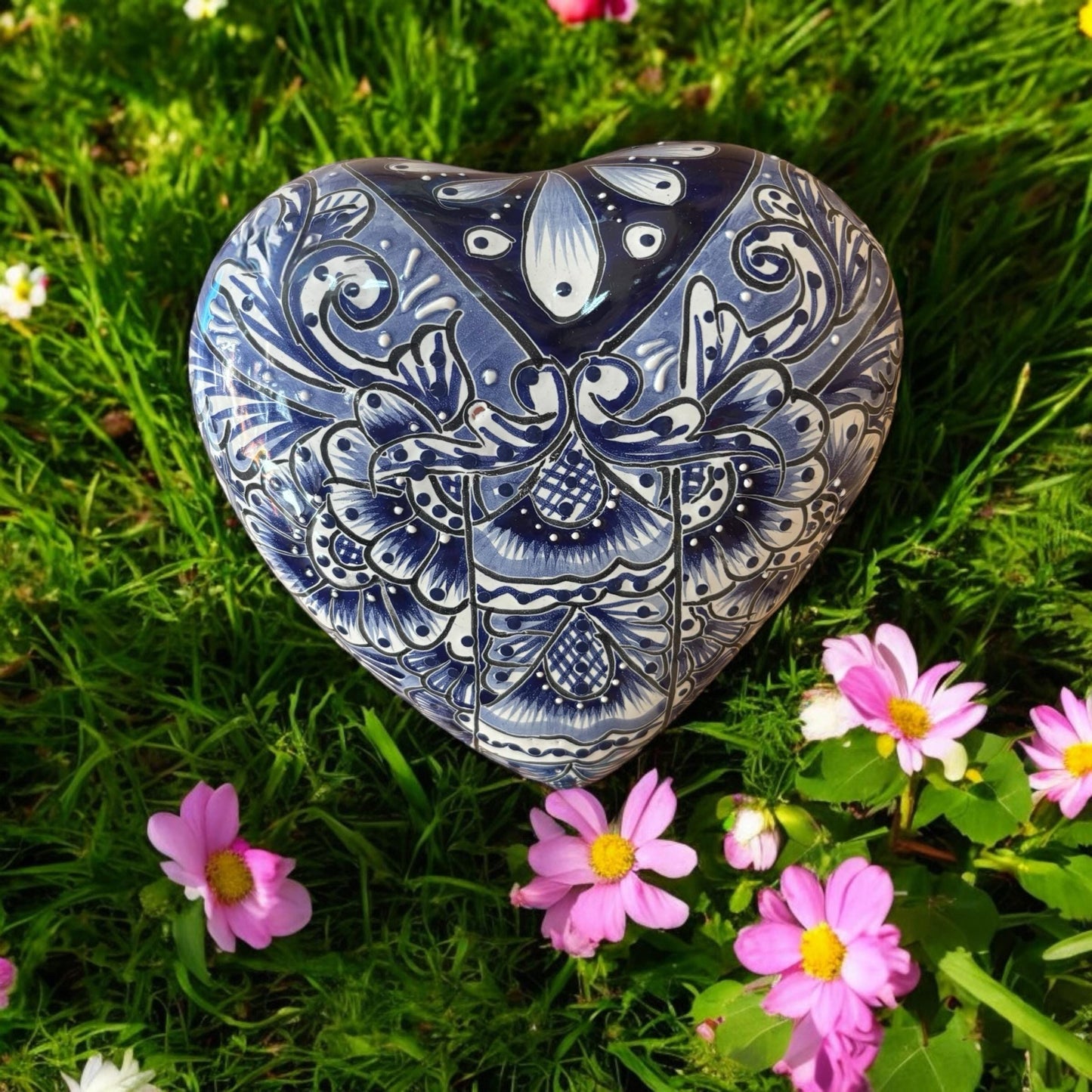 Hand Painted Heart Garden Stone Wall Decor - Authentic Ceramic Hand Painted Mexican Talavera