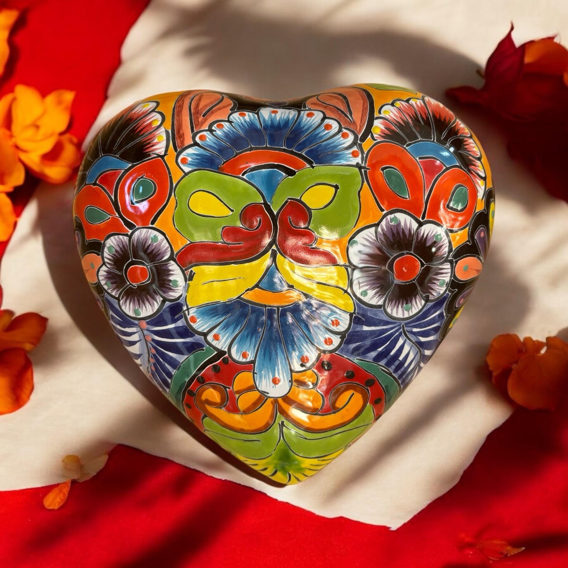 Hand Painted Heart Garden Stone Wall Decor - Authentic Ceramic Hand Painted Mexican Talavera