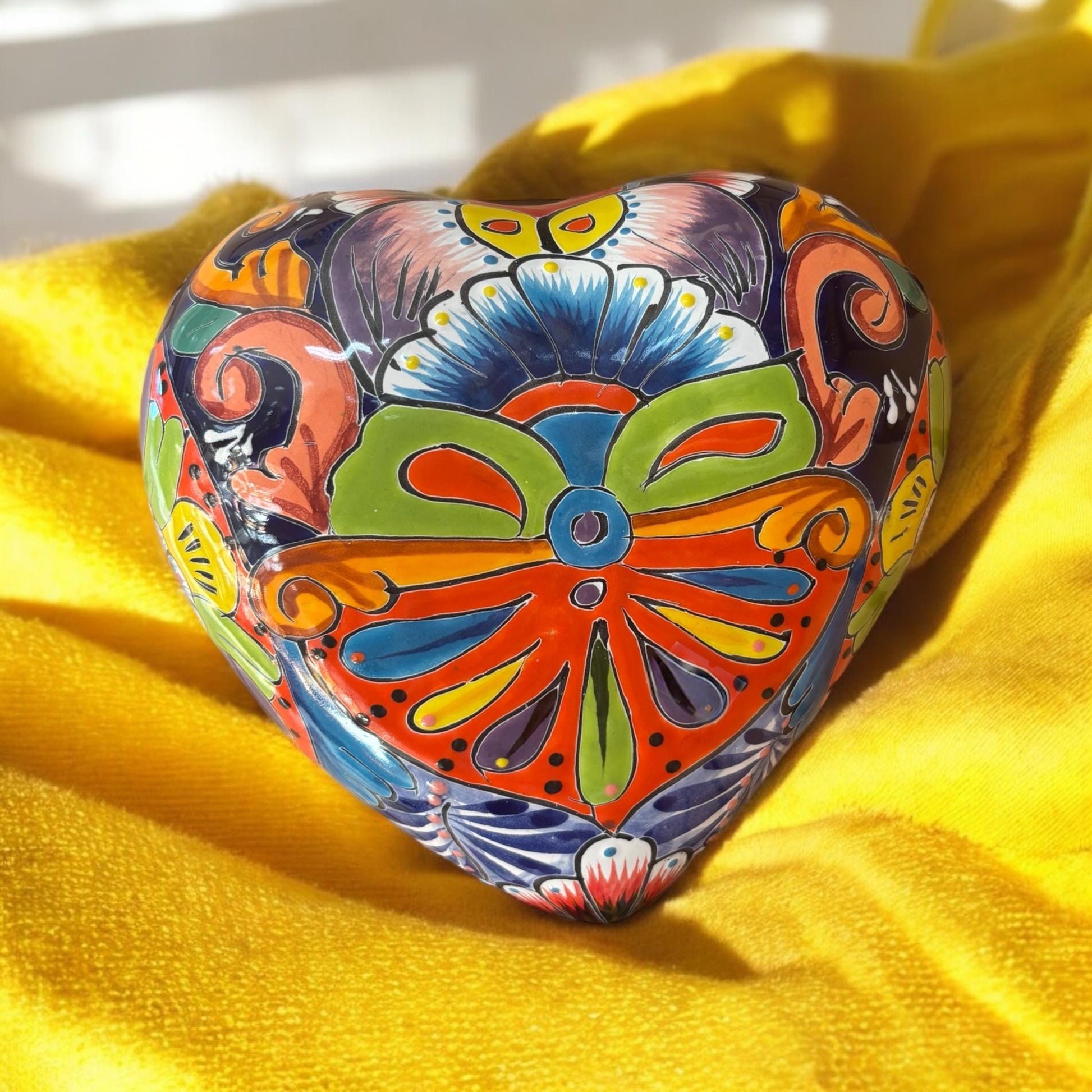 Hand Painted Heart Garden Stone Wall Decor - Authentic Ceramic Hand Painted Mexican Talavera