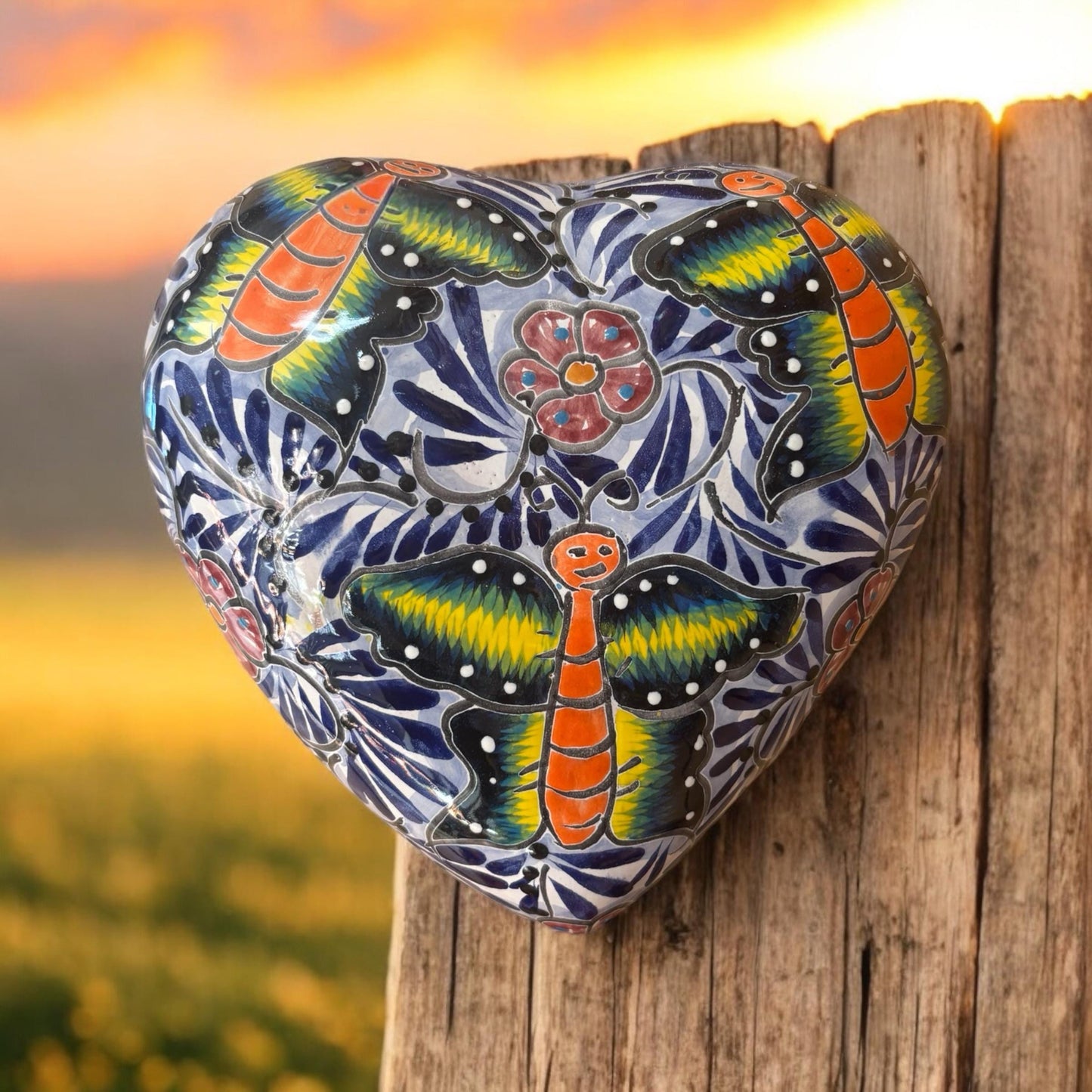 Hand Painted Heart Garden Stone Wall Decor - Authentic Ceramic Hand Painted Mexican Talavera