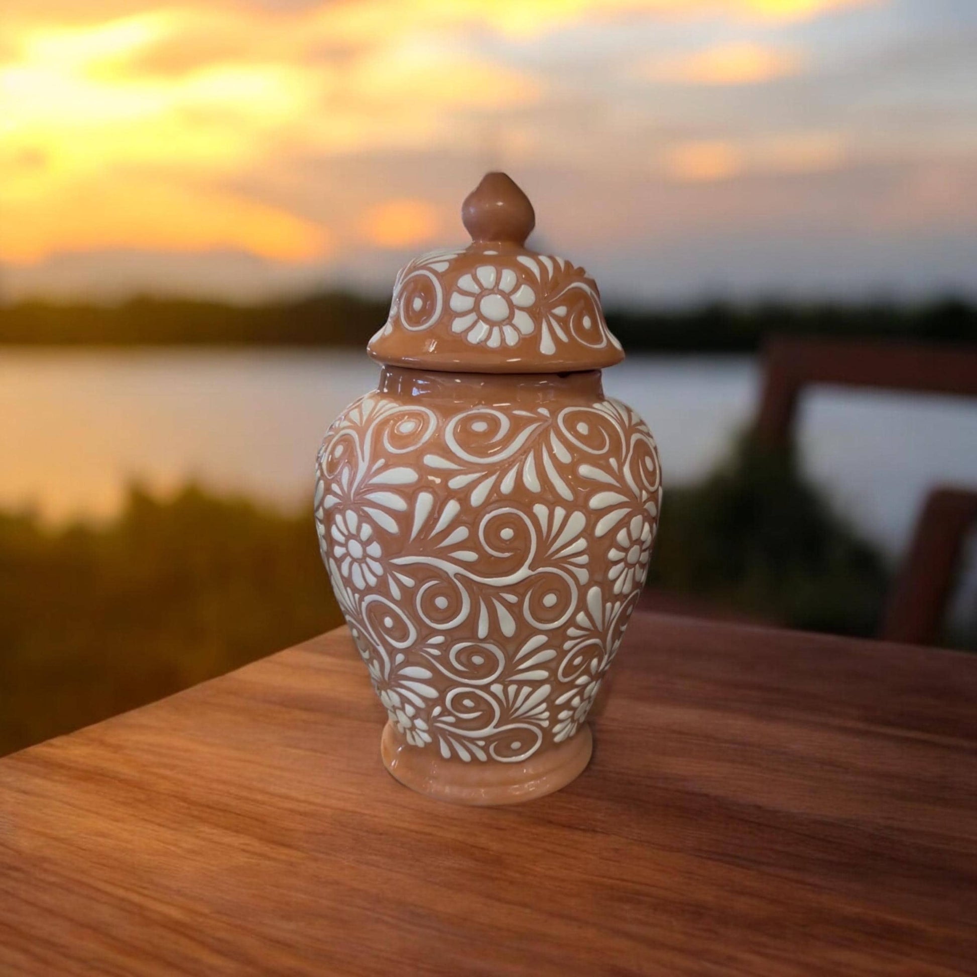 Clay Beige and White Hand Painted Urn - Authentic Ceramic Hand Crafted Mexican Talavera