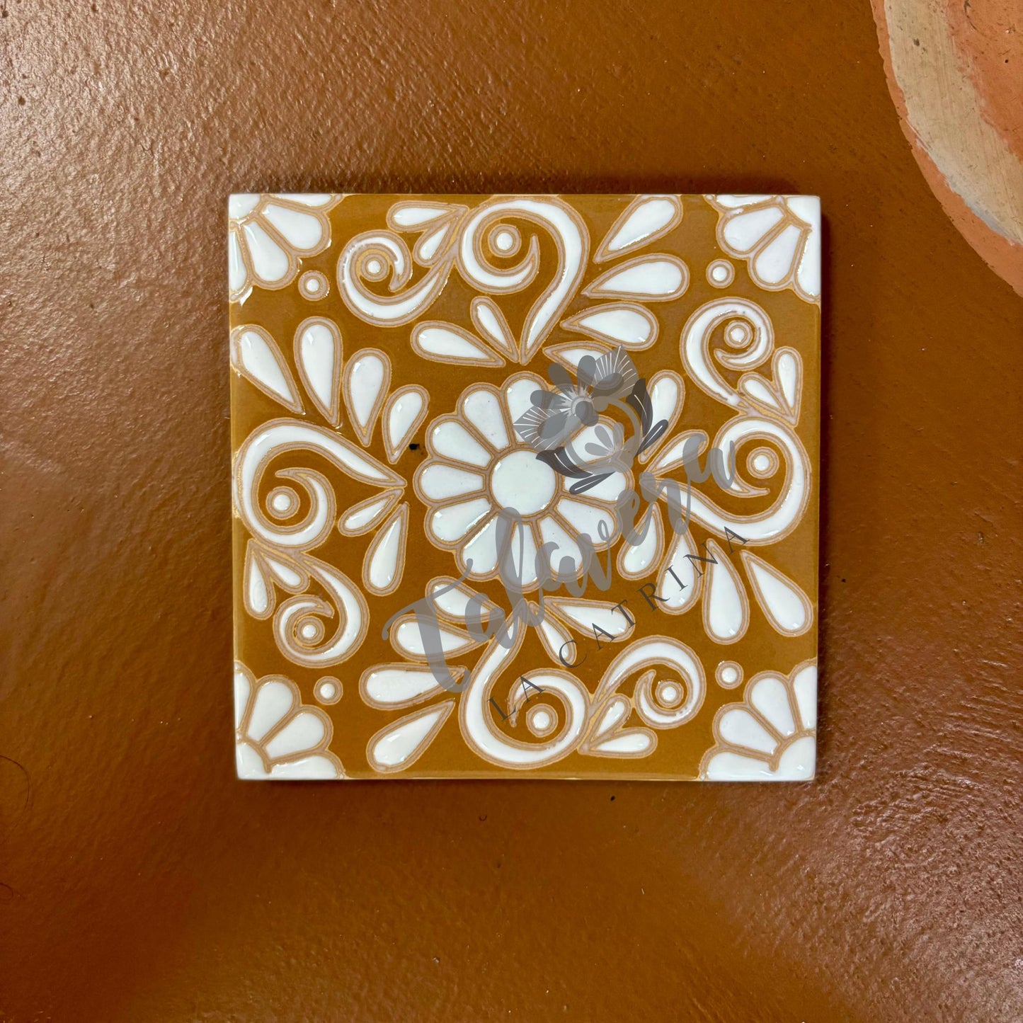 Set of 20 Small Clay Beige and White Hand Painted Tiles, Authentic Unique Ceramic Hand Crafted Mexican Talavera