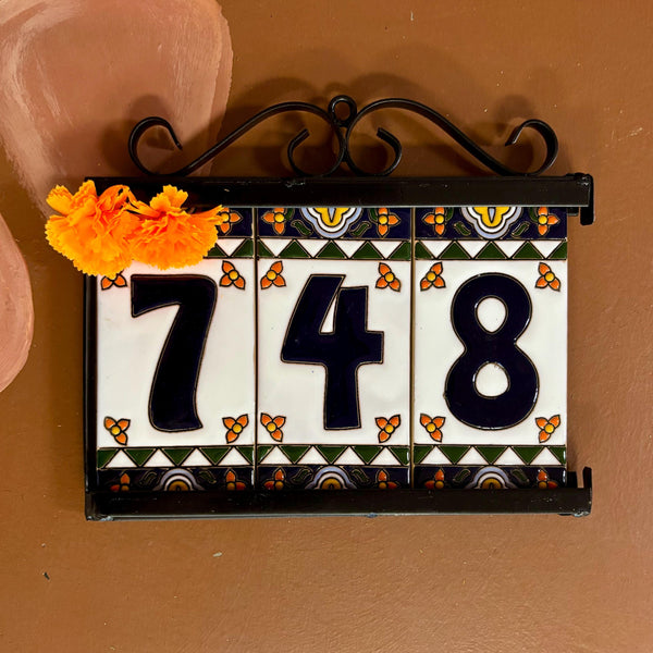 Frame and Set of 3 House Number Hand Painted Tiles