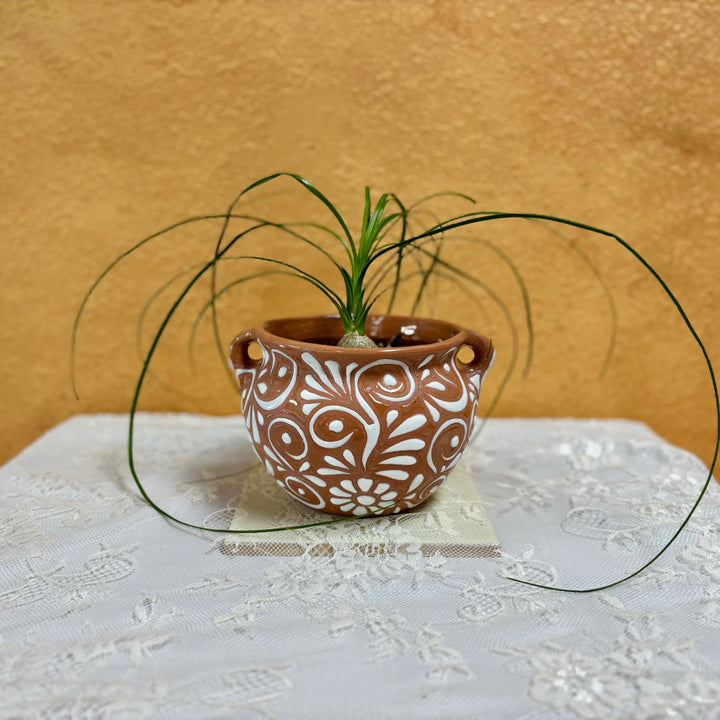 Hand Painted Talavera Brown and White Pot with Handles