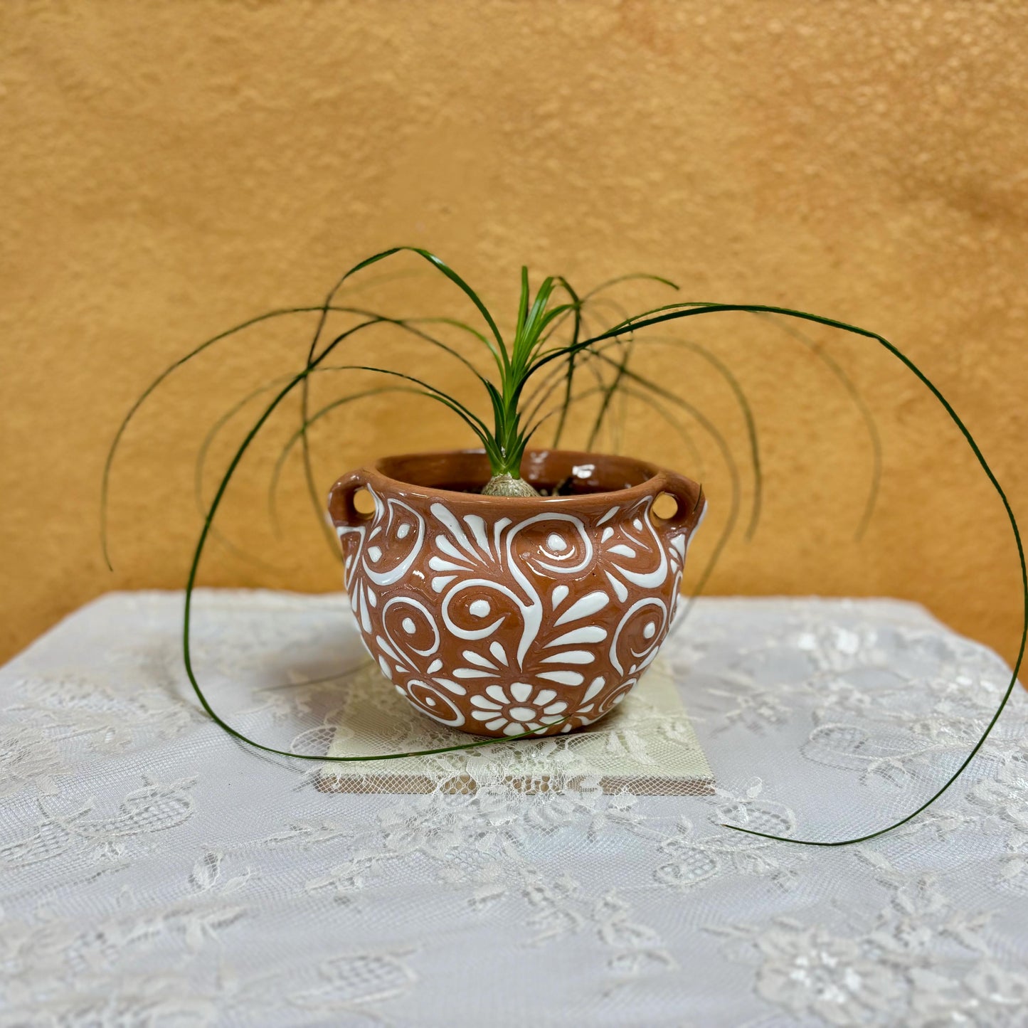 Clay Beige and White Hand Painted Planter Pot with Handles - Authentic Ceramic Hand Crafted Mexican Talavera