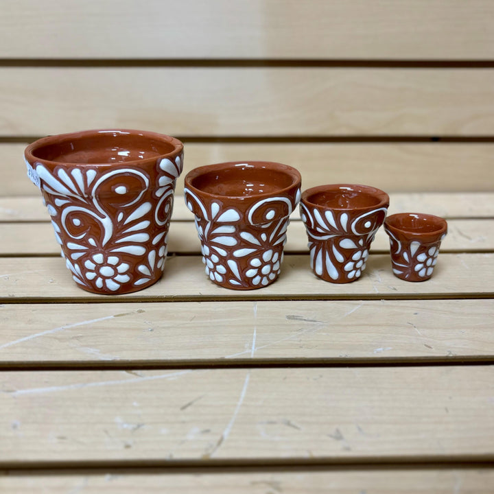 Handpainted Talavera Set of 4 Brown and White Planter Pots