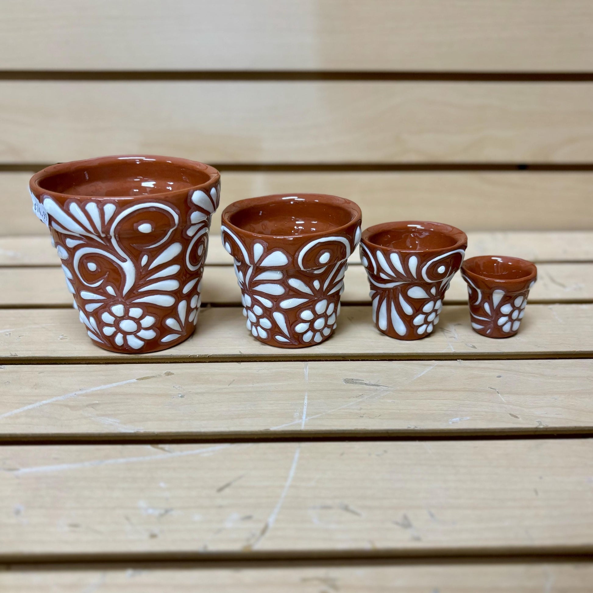 Clay Beige and White Hand Painted Planter Set of 4, Authentic Ceramic Hand Crafted Talavera