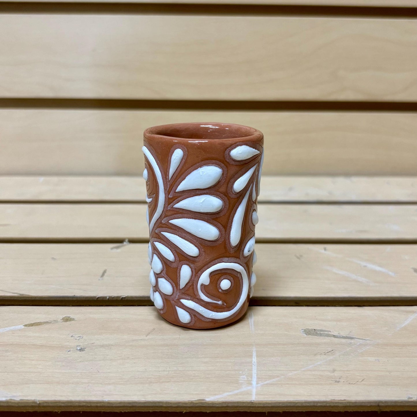 Clay Beige and White Hand Painted Shot Glass - Authentic Ceramic Hand Crafted Mexican Talavera