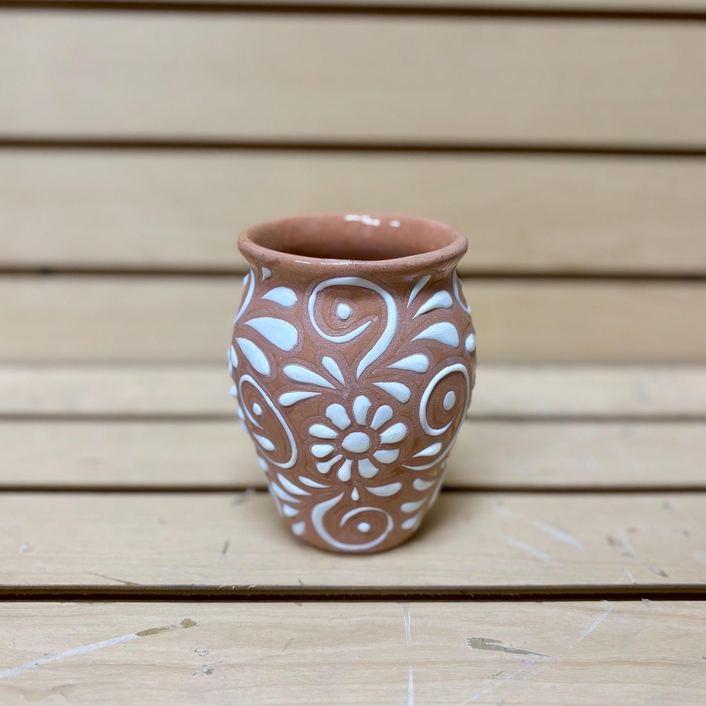 Clay Beige and White Talavera Mexican Jug Cantarito, Authentic Ceramic Hand Crafted Mexican Talavera