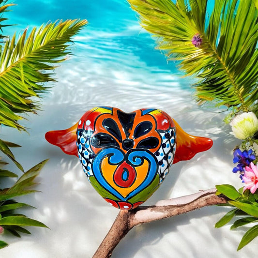 Fiery Flying Heart Garden Wall Decor - Authentic Ceramic Hand Painted Mexican Talavera