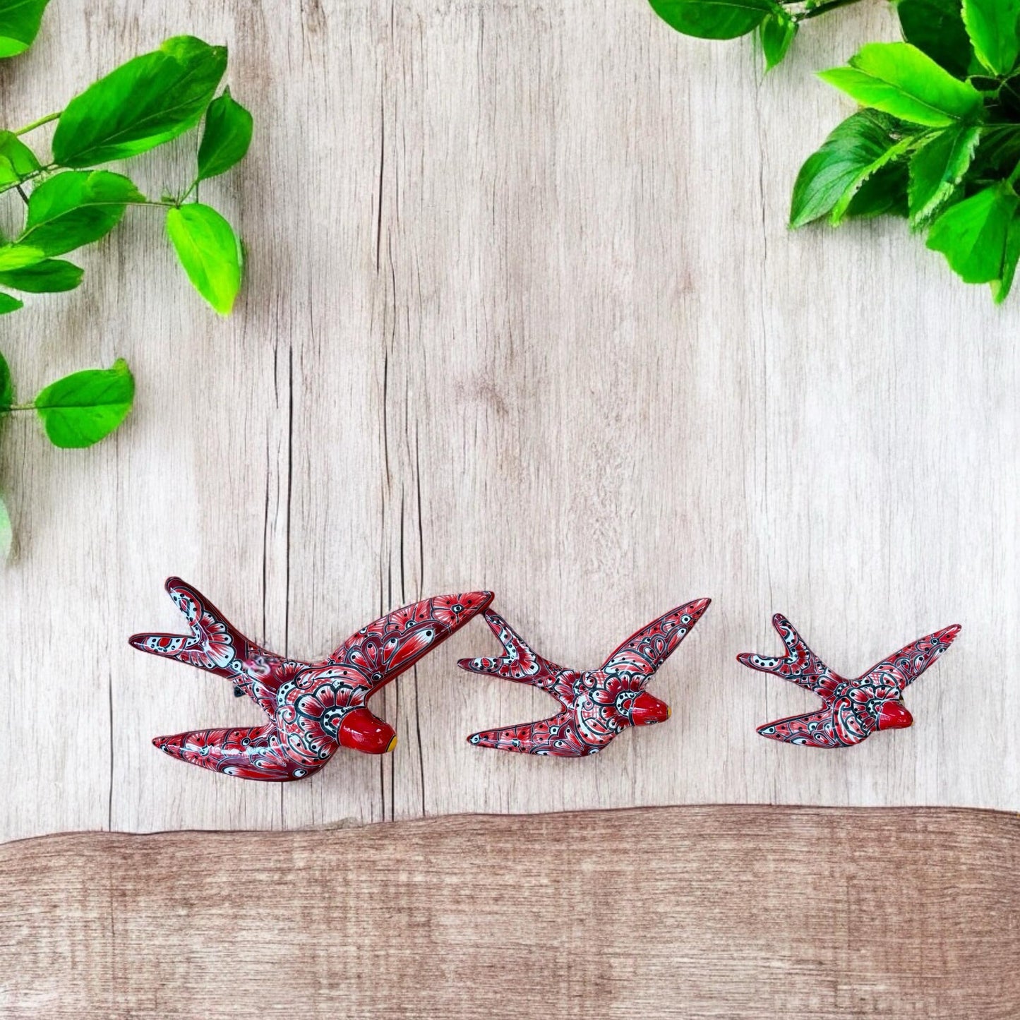 Hand Painted 3-Piece Swallow Set Garden Wall Decor - Authentic Ceramic Hand Painted Mexican Talavera