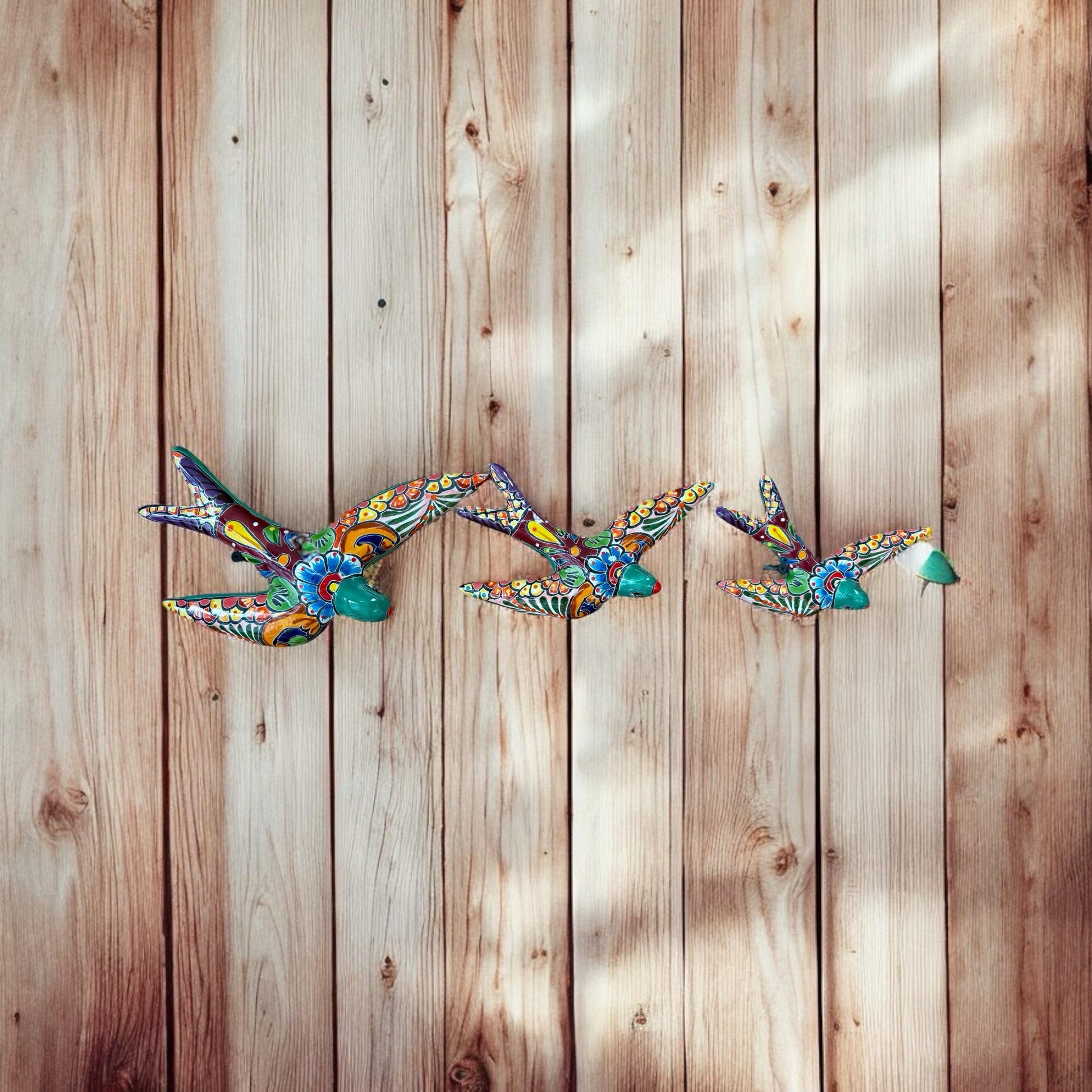 Hand Painted 3-Piece Swallow Set Garden Wall Decor - Authentic Ceramic Hand Painted Mexican Talavera