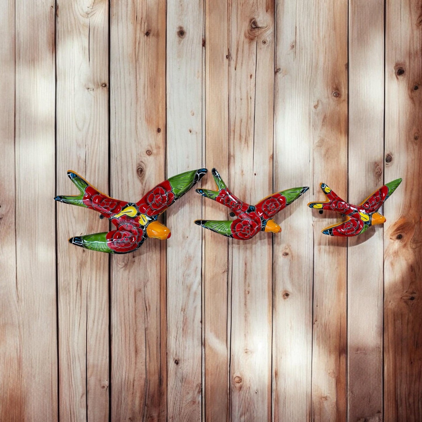 Hand Painted 3-Piece Swallow Set Garden Wall Decor - Authentic Ceramic Hand Painted Mexican Talavera