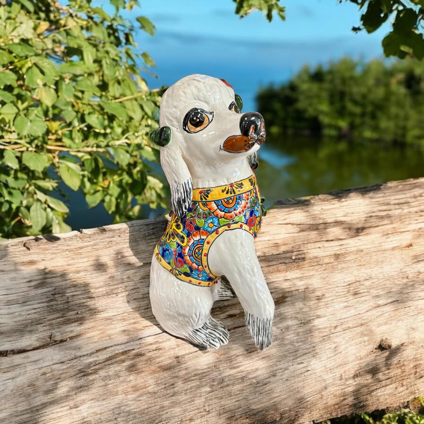 Hand Painted Poodle Dog Sculpture, Authentic Mexican Ceramic Hand Crafted Talavera