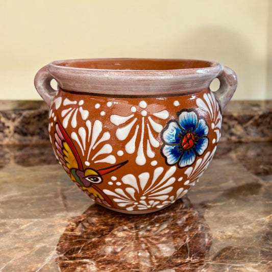 Hand Painted Planter Pot with Handles, Authentic Mexican Ceramic Hand Crafted Talavera