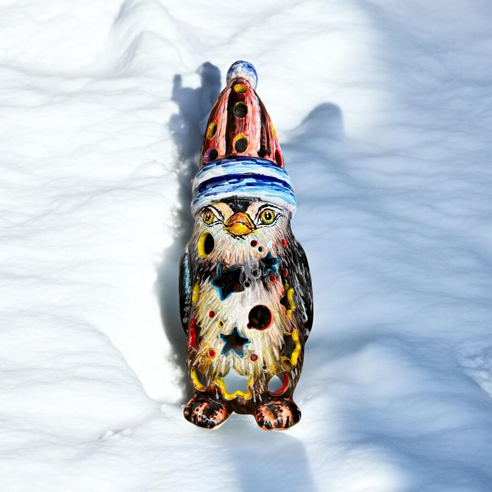 Hollow Hand Painted Penguin Christmas Holiday Statue For Tea Candle, Authentic Mexican Ceramic Hand Crafted Talavera