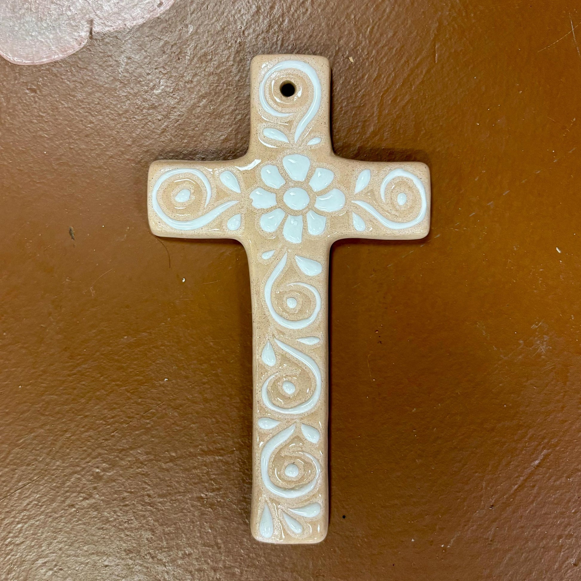 Clay Beige and White Hand Painted Talavera Cross, Authentic Ceramic Hand Crafted Mexican Talavera