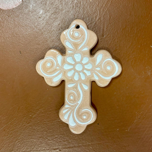 Clay Beige and White Hand Painted S Clover Cross, Authentic Ceramic Hand Crafted Mexican Talavera