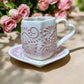 Baby Pink and White Hand Painted Heart Teacup and Saucer Set, Authentic Ceramic Hand Crafted Mexican Talavera