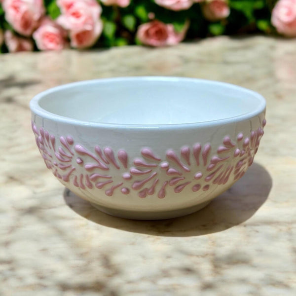 Handpainted Talavera Cereal Bowl in White and Baby Pink