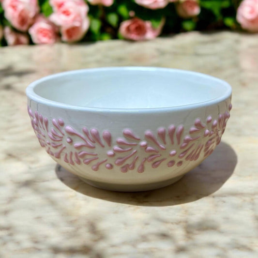 Baby Pink and White Hand Painted Bowl, Authentic Ceramic Hand Crafted Mexican Talavera