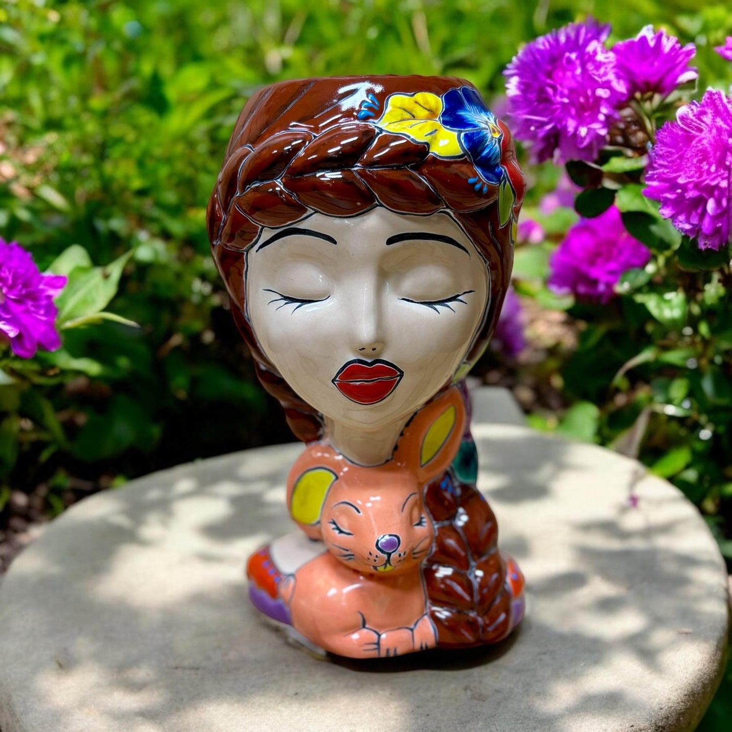 Hand Painted Woman Planter Pot Tall Bust Sculpture, Authentic Ceramic Hand Crafted Mexican Talavera