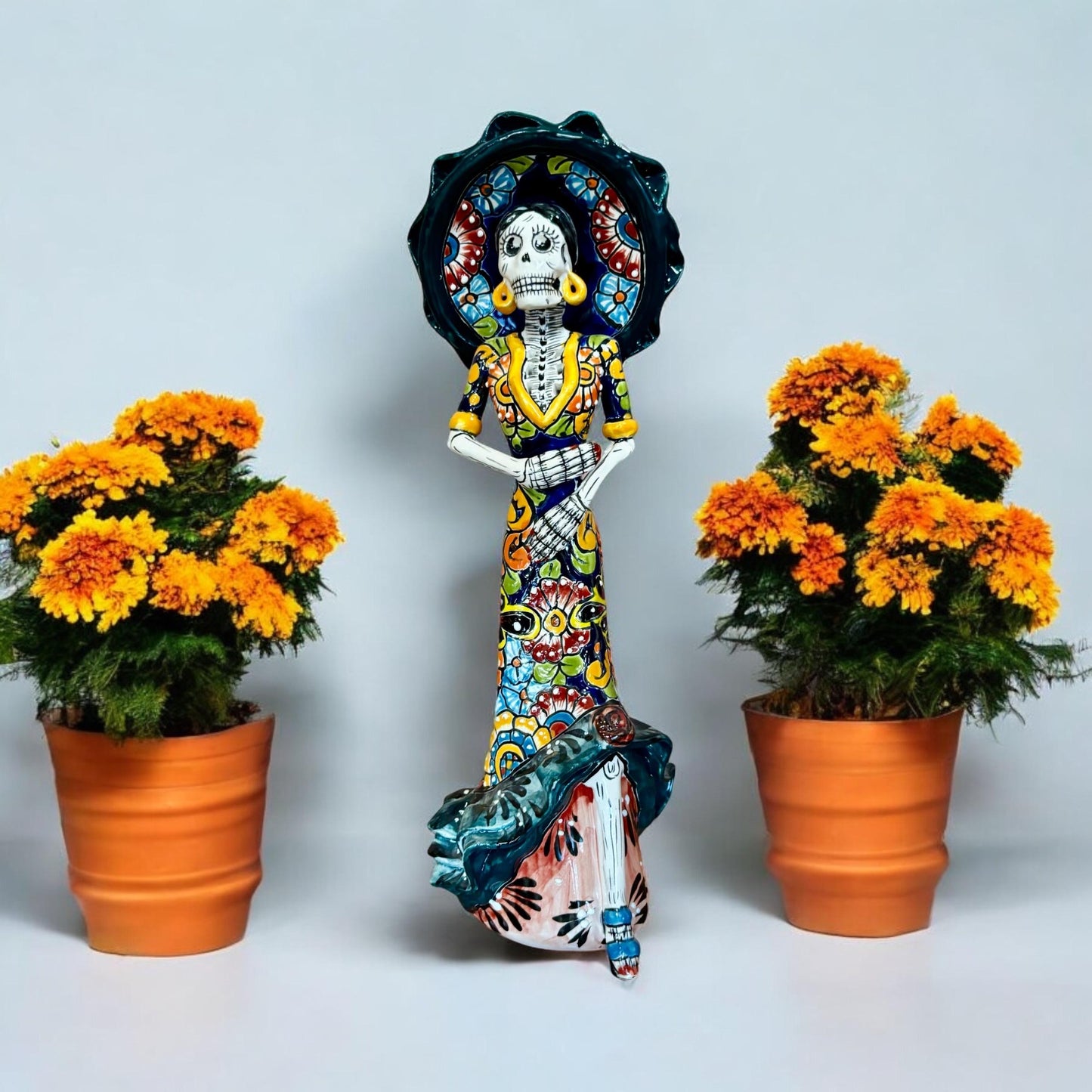 Hand Painted Romantic Catrina Day of the Dead Sculpture, Authentic Unique Ceramic Hand Crafted Talavera