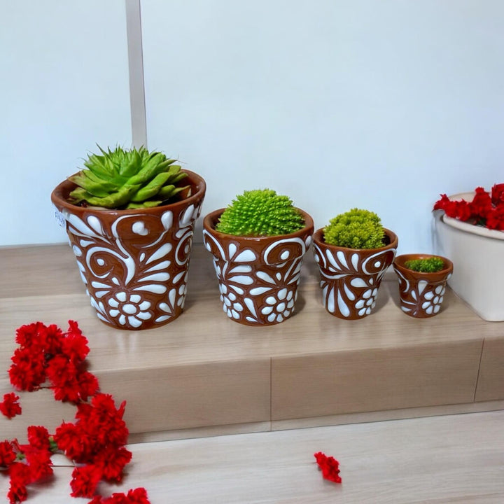 Handpainted Talavera Set of 4 Brown and White Planter Pots