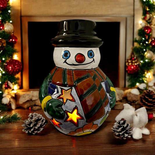 Hand Painted Hollow Snowman Holiday Statue For Tea Candle, Authentic Mexican Ceramic Hand Crafted Talavera