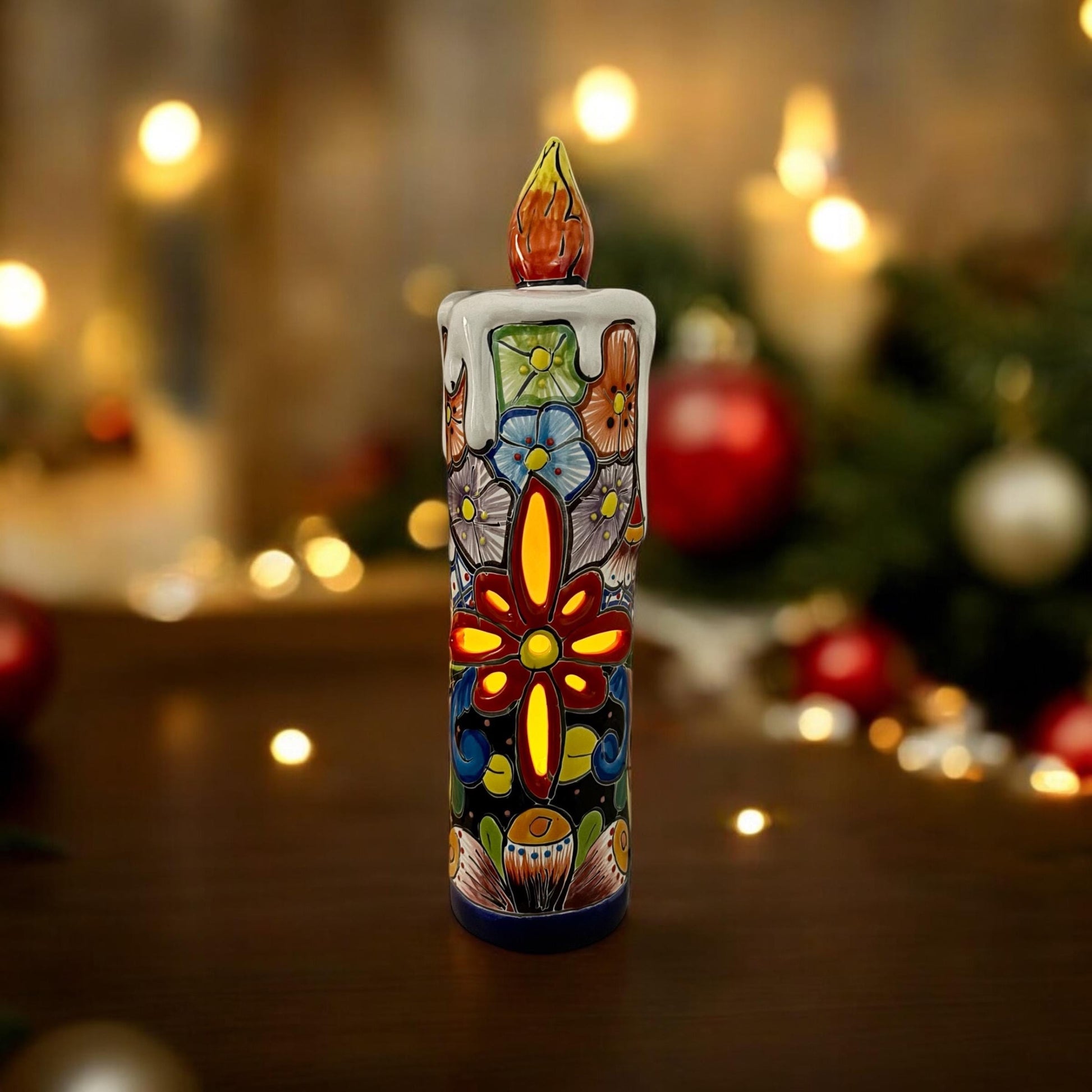 Colorful Hand Painted Hollow Candle Holiday Statue For Tea Candle, Authentic Mexican Ceramic Hand Crafted Talavera