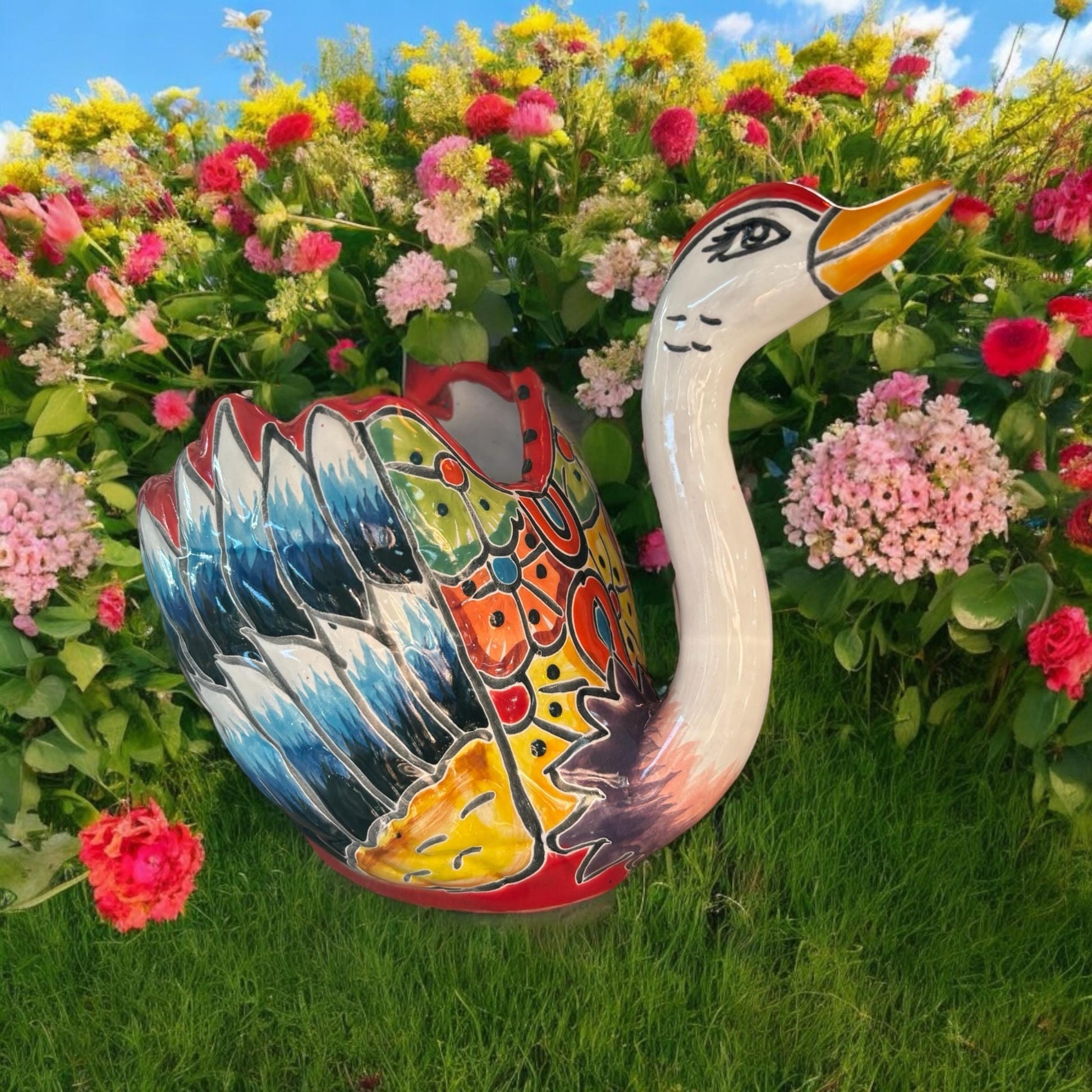 Small Hand Painted Swan Planter Pot, Authentic Mexican Ceramic Hand Crafted Talavera