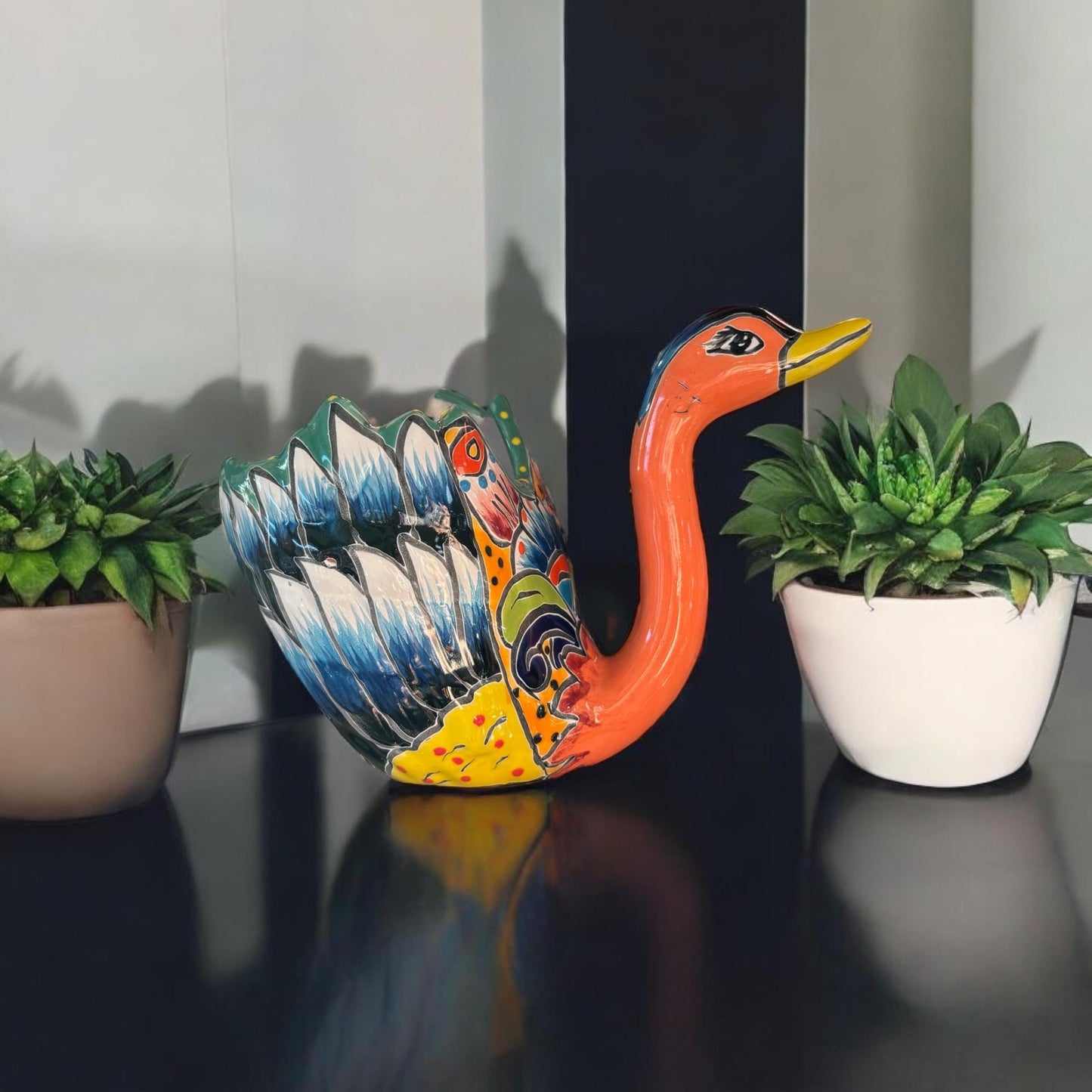 Small Hand Painted Swan Planter Pot, Authentic Mexican Ceramic Hand Crafted Talavera