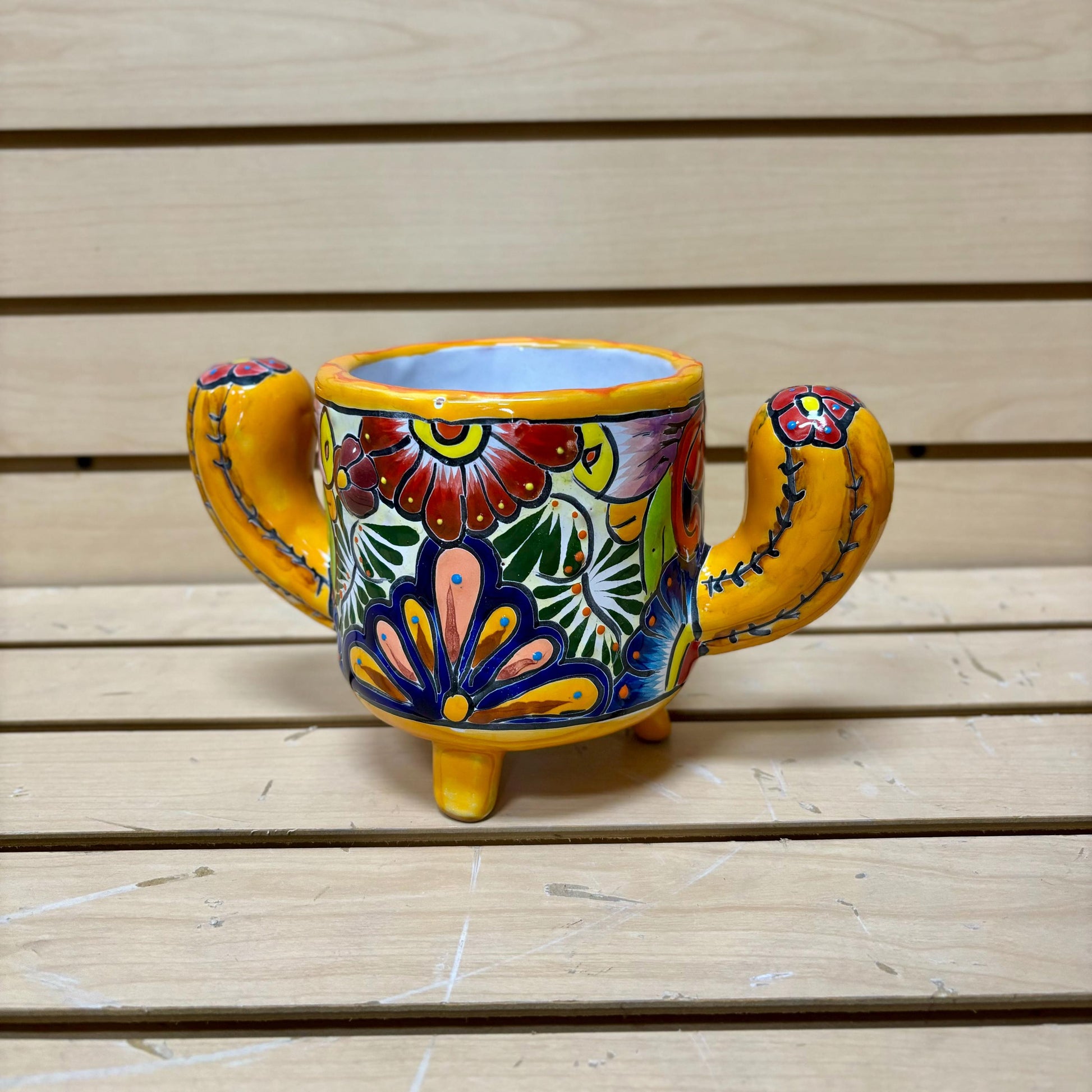 Cute Hand Painted Cactus Planter Pot, Authentic Mexican Ceramic Hand Crafted Talavera