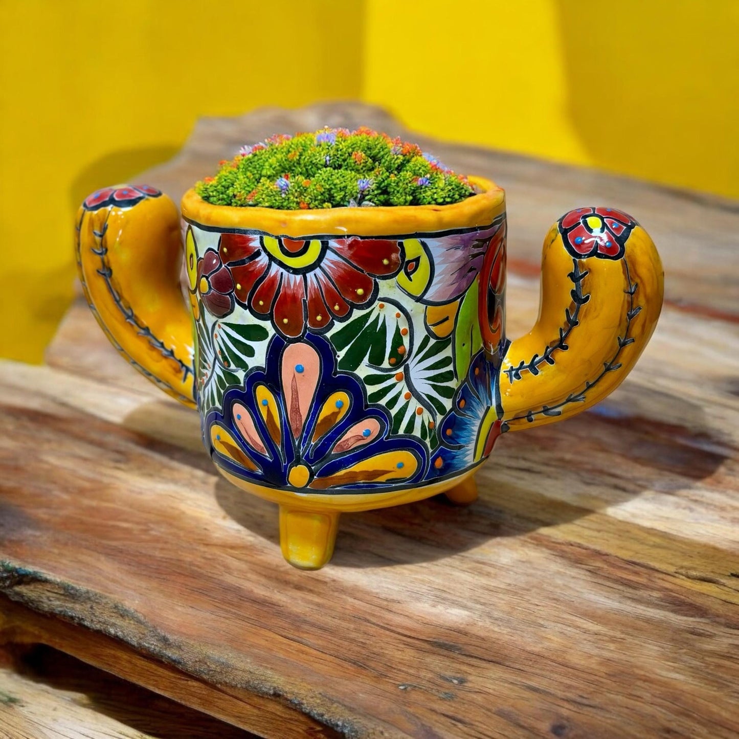 Cute Hand Painted Cactus Planter Pot, Authentic Mexican Ceramic Hand Crafted Talavera