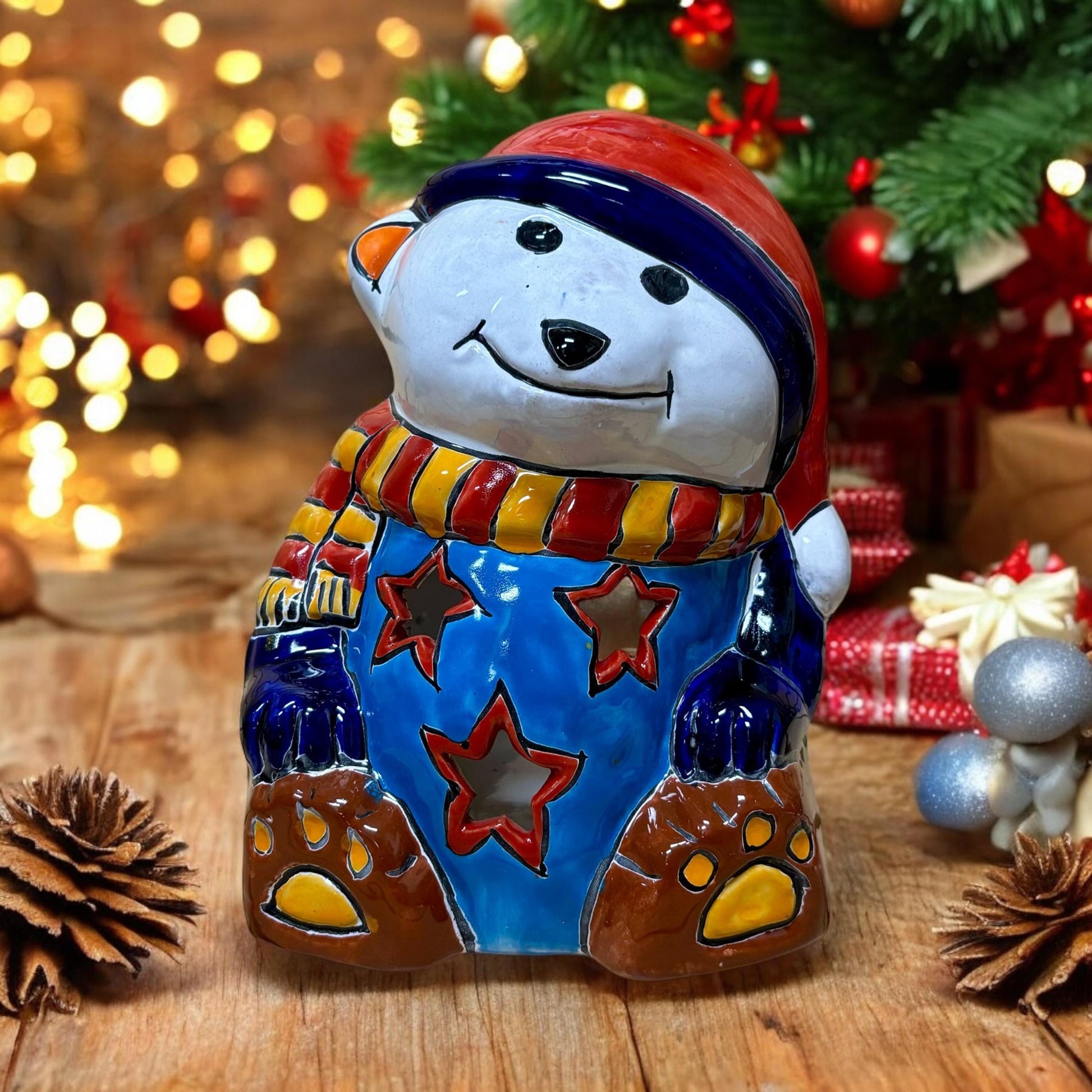 Hand Painted Hollow Polar Bear Holiday Statue For Tea Candle, Authentic Mexican Ceramic Hand Crafted Talavera