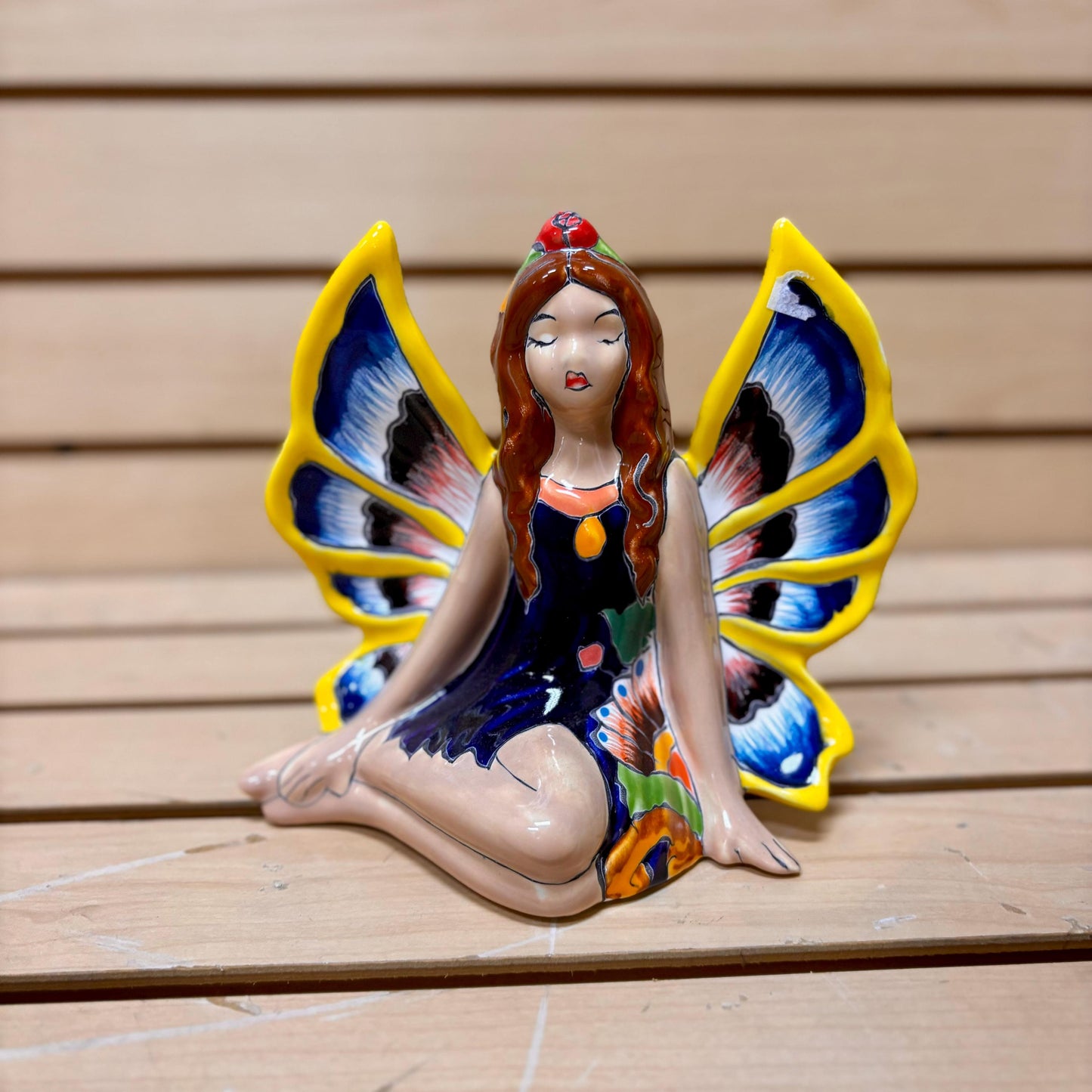 Ethereal Hand Painted Sitting Fairy Statue, Authentic Mexican Ceramic Hand Crafted Talavera