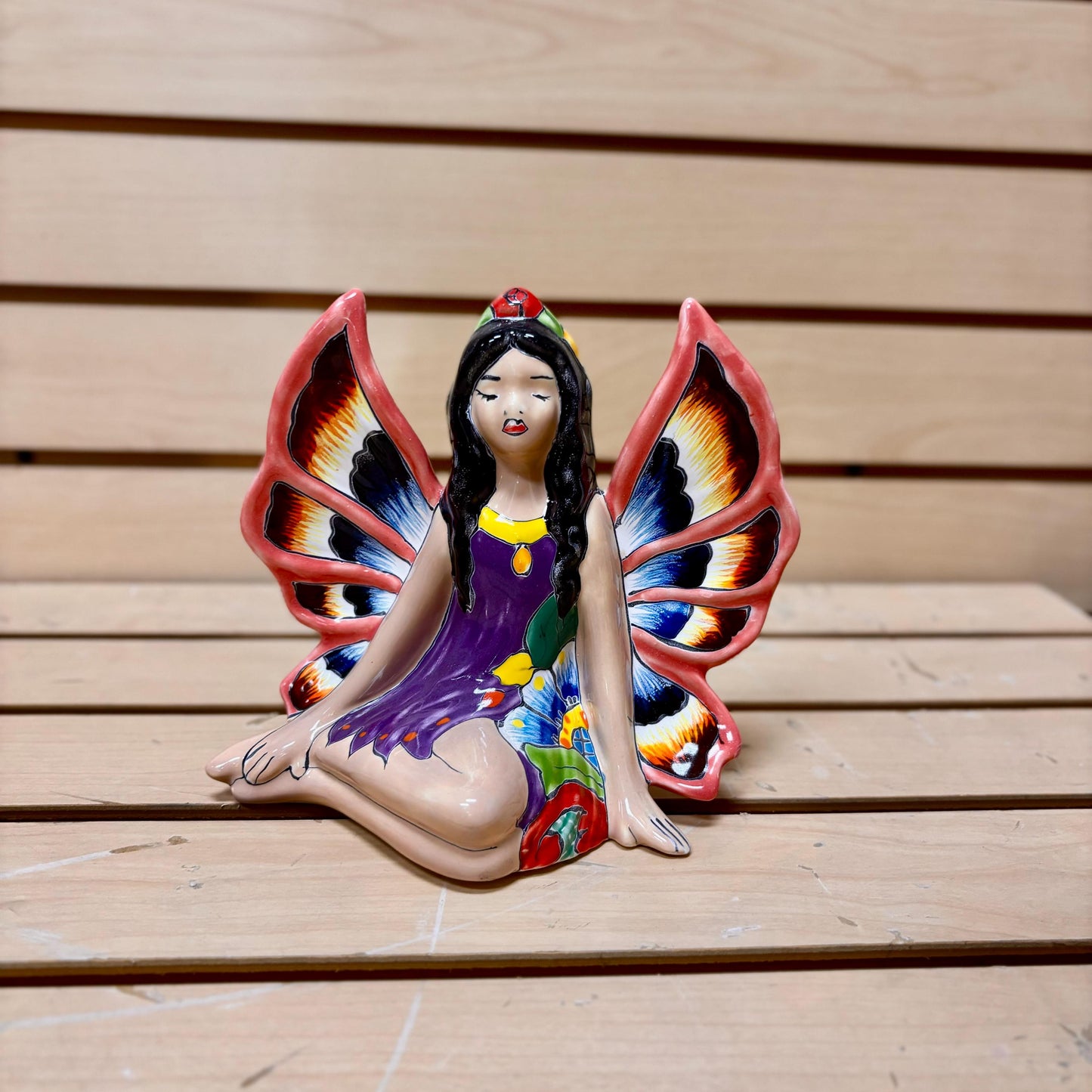 Ethereal Hand Painted Sitting Fairy Statue, Authentic Mexican Ceramic Hand Crafted Talavera