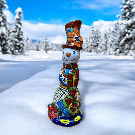 Tall Hand Painted Snowman Holiday Statue, Authentic Mexican Ceramic Hand Crafted Talavera