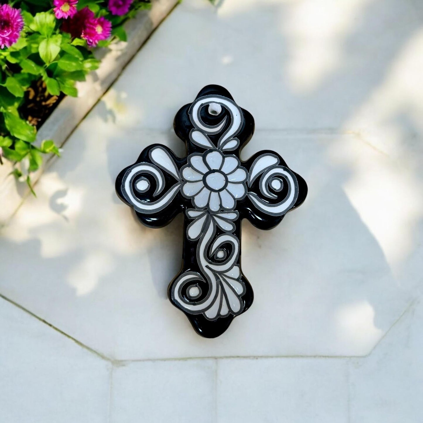 Hand Painted Black Clover Cross - Authentic Ceramic Hand Painted Mexican Talavera