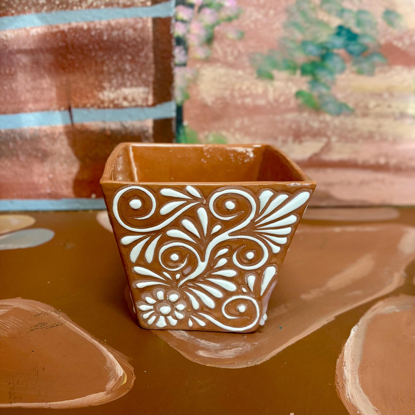 Beige Clay and White Hand Painted Cubed Planter Pot, Authentic Ceramic Handcrafted Mexican Talavera