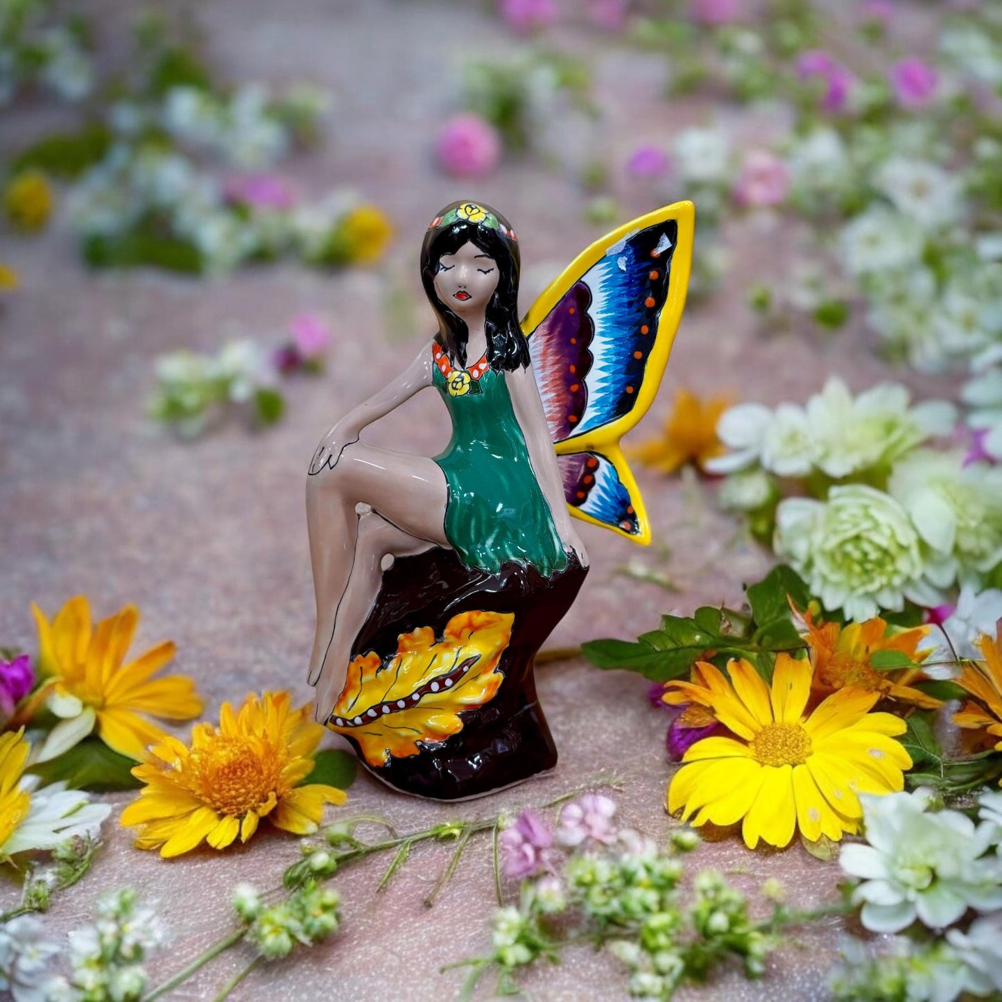 Ethereal Hand Painted Fairy on Boulder Statue, Authentic Mexican Ceramic Hand Crafted Talavera