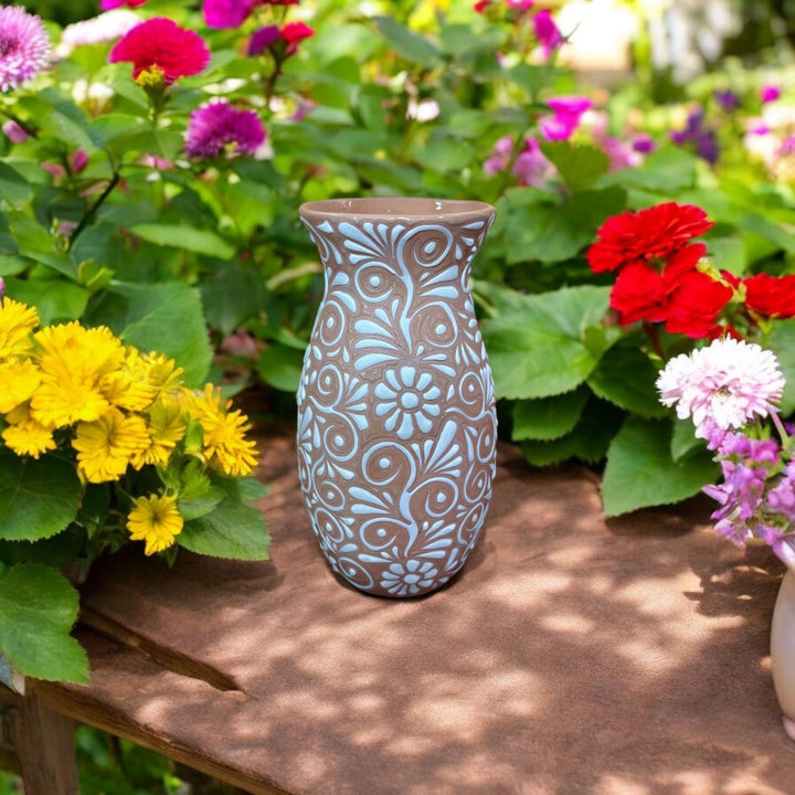 Hand Painted Talavera Beige and White Large Vase
