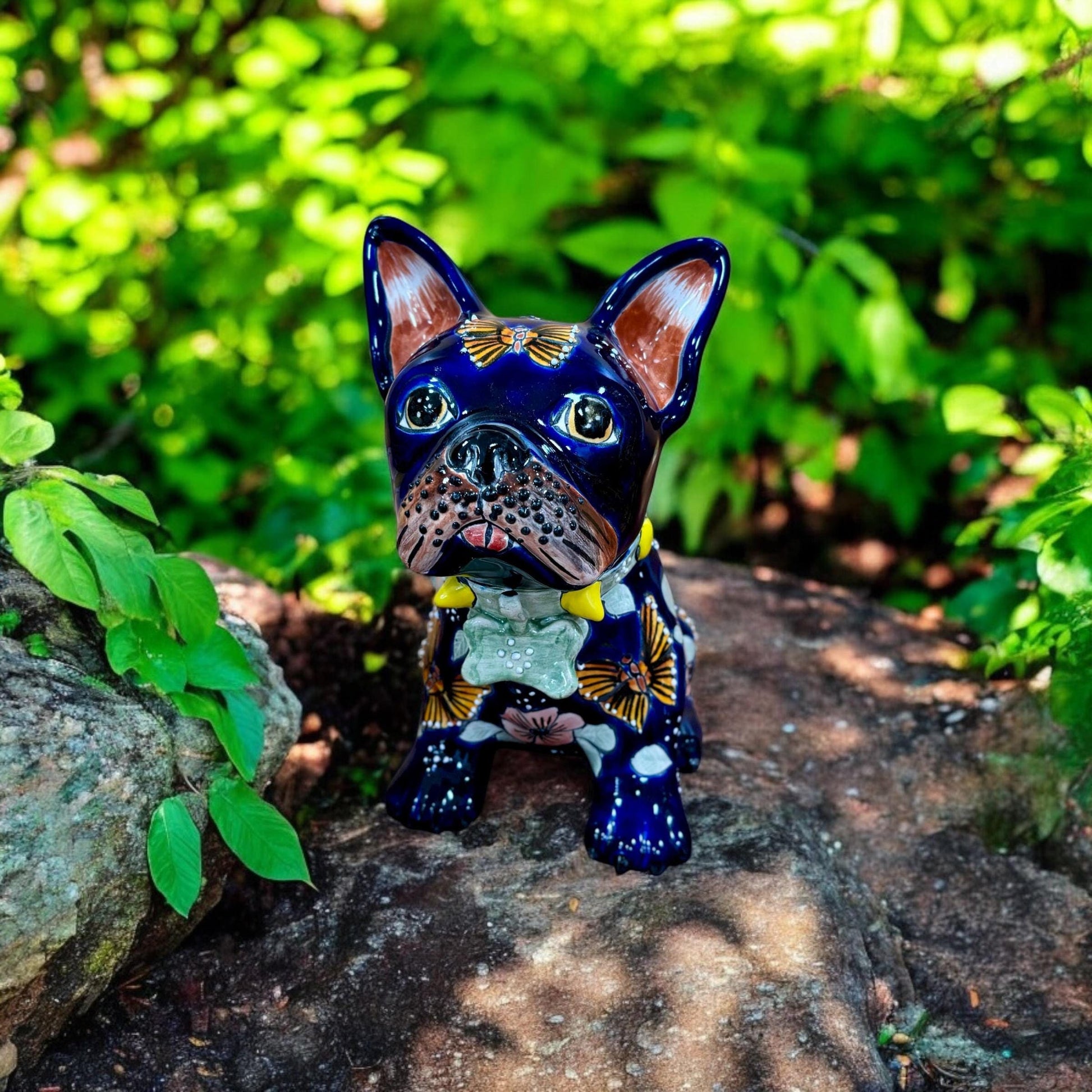 Hand Painted French Bulldog Dog Sculpture, Authentic Mexican Ceramic Hand Crafted Talavera