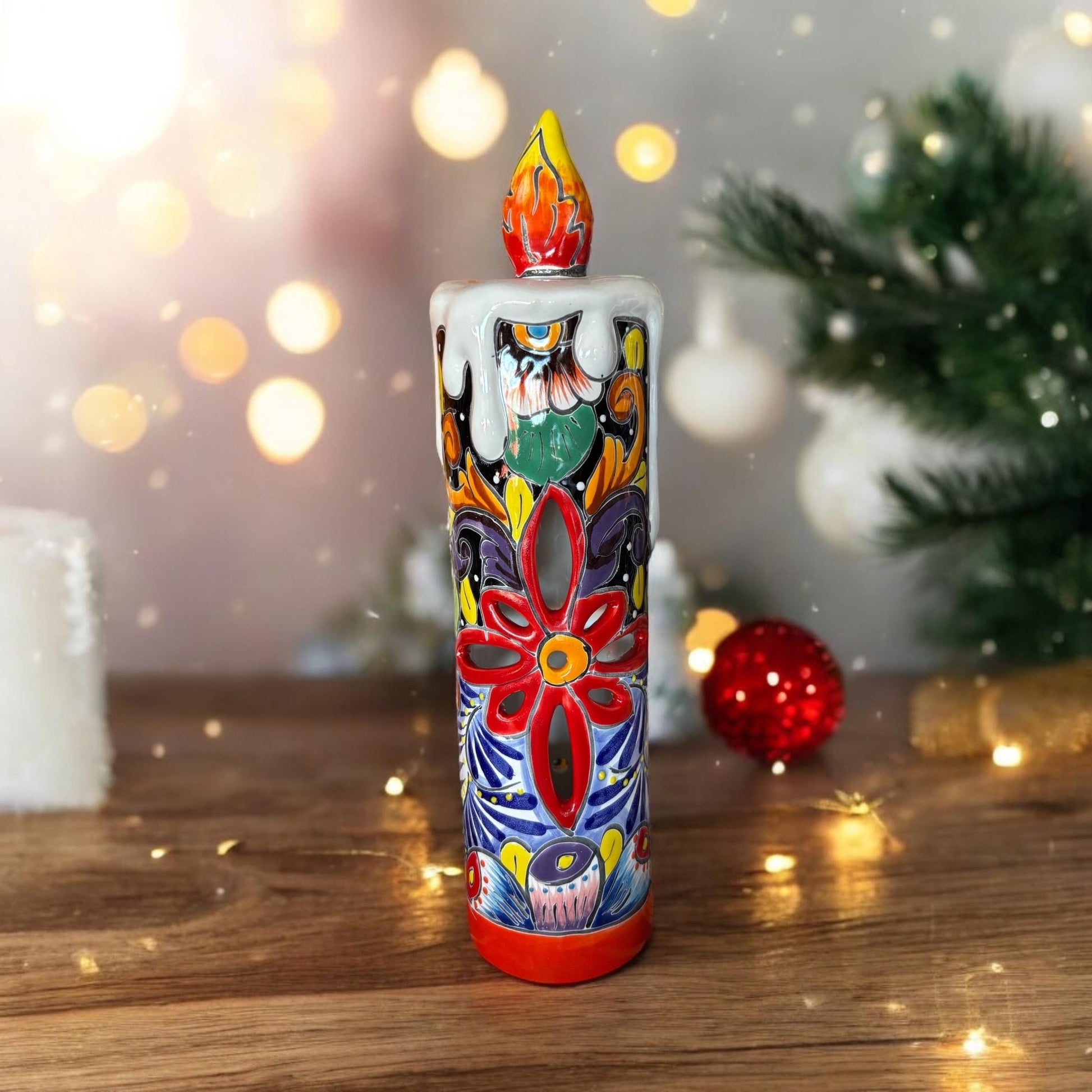 Colorful Hand Painted Hollow Candle Holiday Statue For Tea Candle, Authentic Mexican Ceramic Hand Crafted Talavera